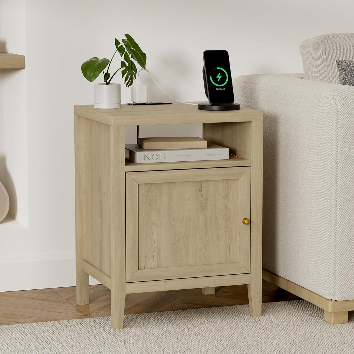 EYYTHUNG Farmhouse End Table with Charging Station Set of 2, Modern Nightstands with Storage and Open Shelf, Bedside Tables for Bedroom, Living Room, Light Oak