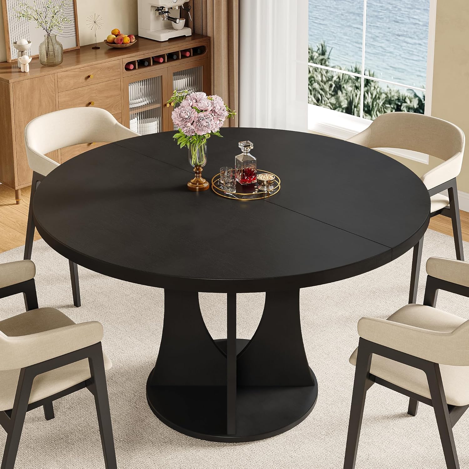 iPormis 47 Inch Round Dining Table for 4-6 People, Wooden Dining Room Table with Pedestal Base, Modern Kitchen Table for Small Spaces, Black, Table Only