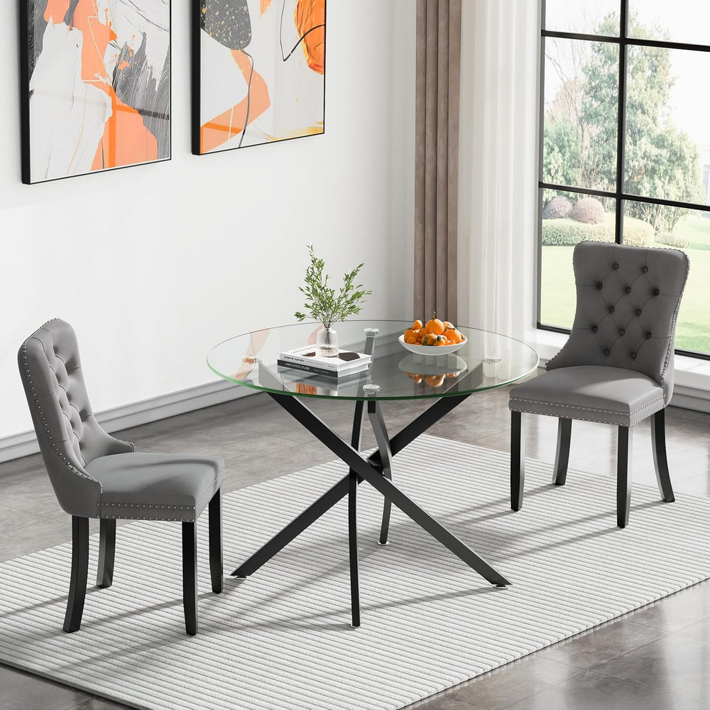 Modern Glass Dining Table Round Dining Room Table with Tempered Glass Top, Black Metal Legs Circle Kitchen Dining Room Table Home Furniture, 36" D x 36" W x 30" H