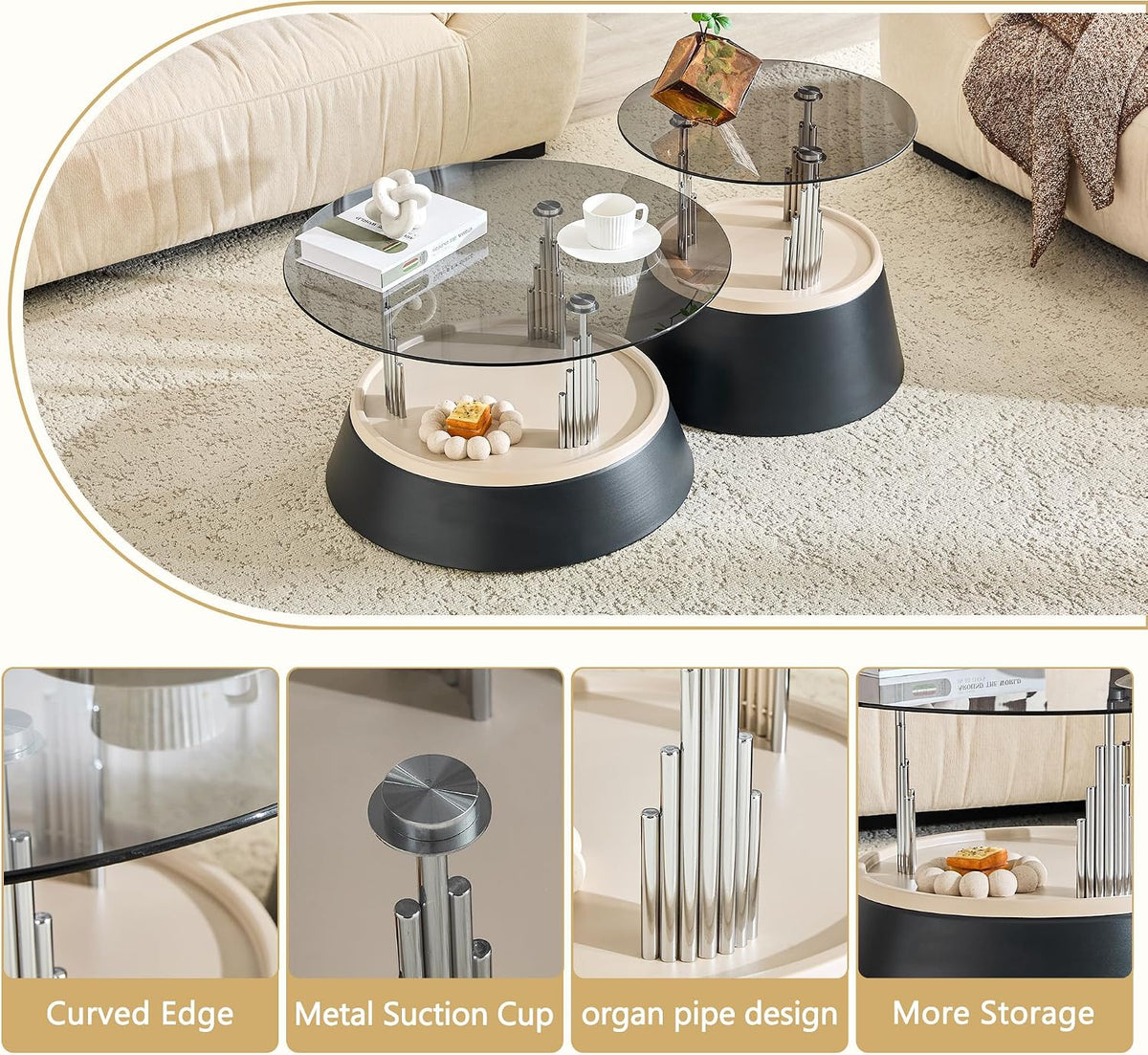 Nesting Coffee Table Set of 2, Modern Round Tempered Glass Center Table | Modern Tempered Glass Side Tea Table with Heavy Duty Metal Disc Base for Small Apartment Space Saving Furniture Décor, Black