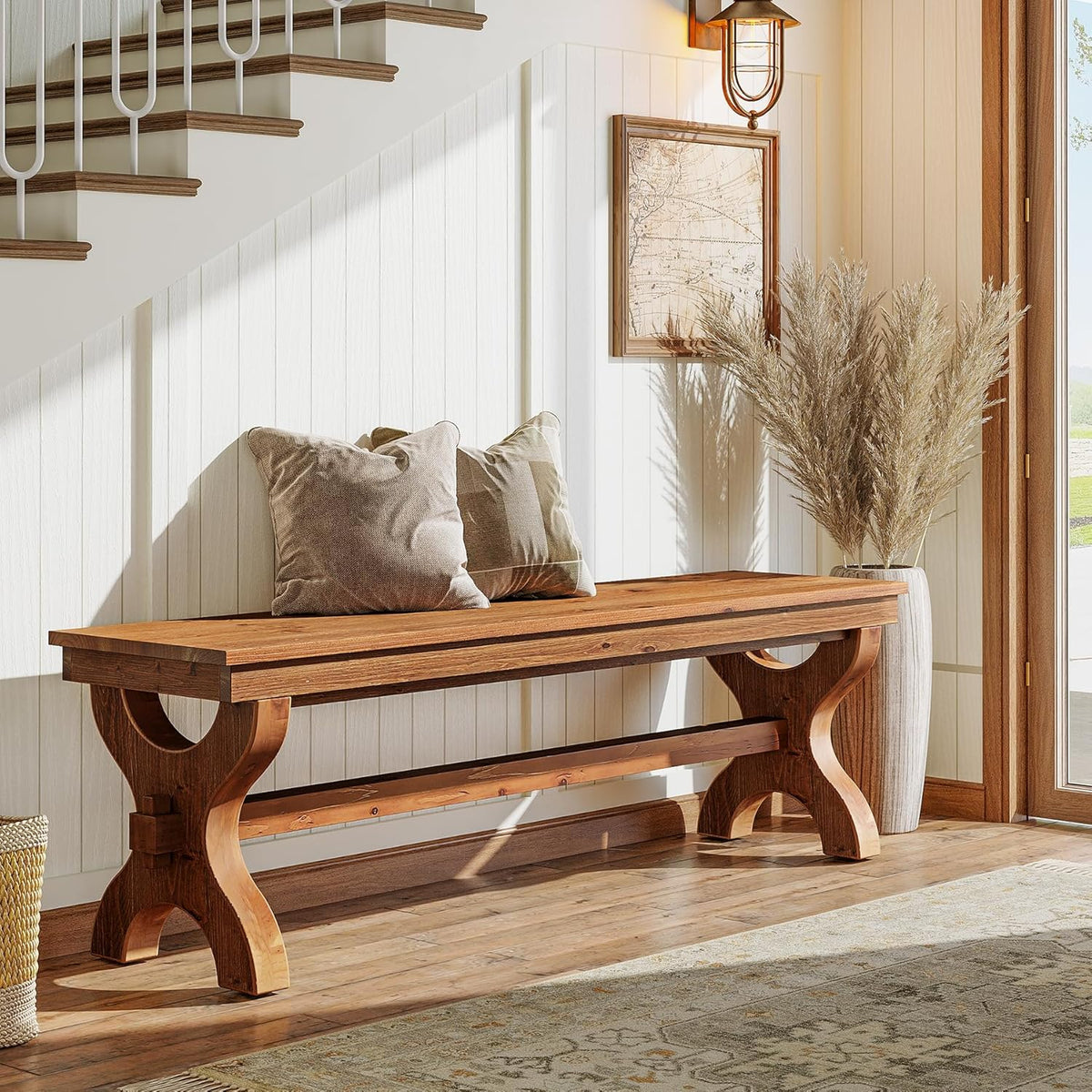 Solid Wood Dining Bench, 55-Inch Long Entryway Shoe Bench, Farmhouse Indoor Seat for Dining Room, Living Room, Hallway, Brown (1, Brown)