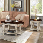 P PURLOVE 22'' Two Tone Round End Table with Shelf for Living Room, Solid Wood Frame, Easy Assemble (Beige and Espresso)