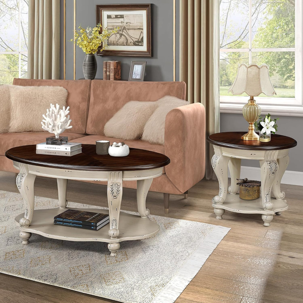 P PURLOVE 22'' Two Tone Round End Table with Shelf for Living Room, Solid Wood Frame, Easy Assemble (Beige and Espresso)