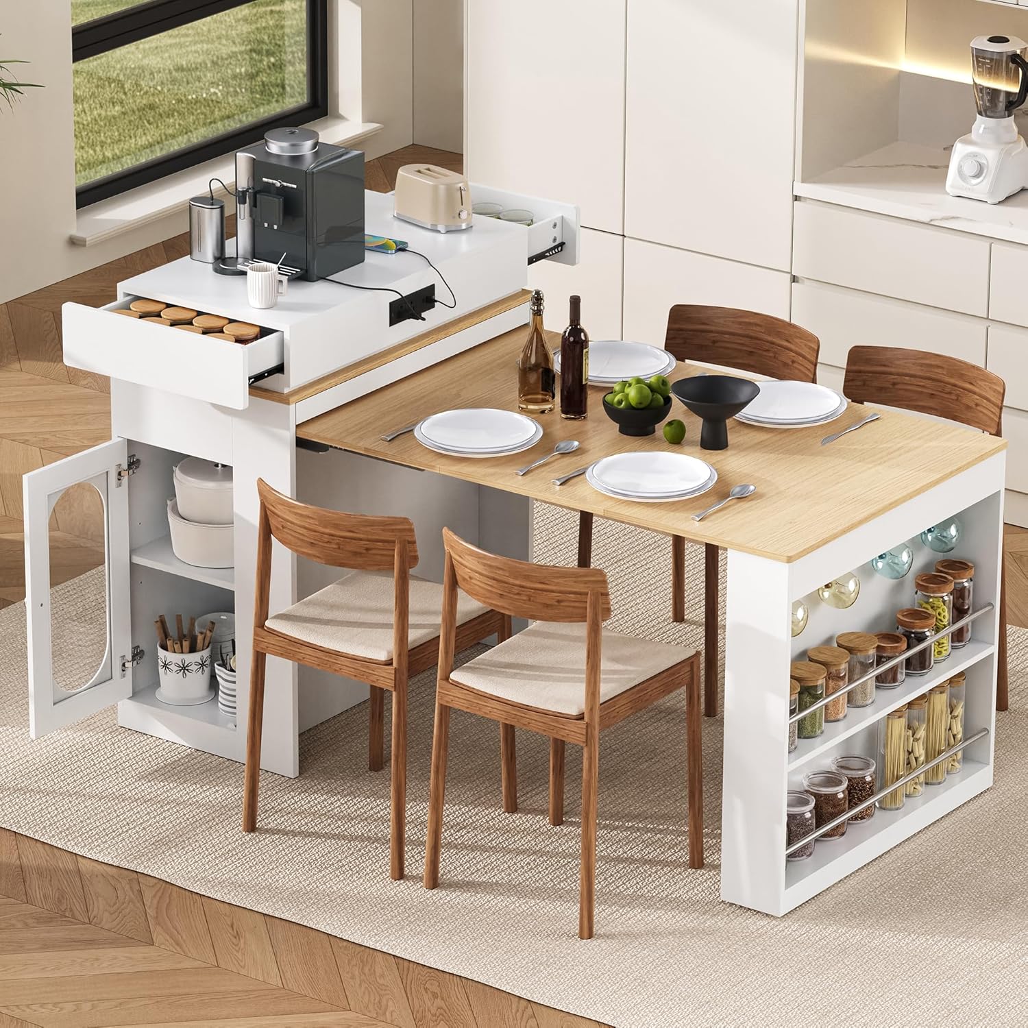 Extendable Dining Table with Storage, Transformer Console Table for 1-4 People, Mobile Rolling Island Table Space Saving Dining Room Table with Built-in Outlet for Homes, Apartments, Cream White