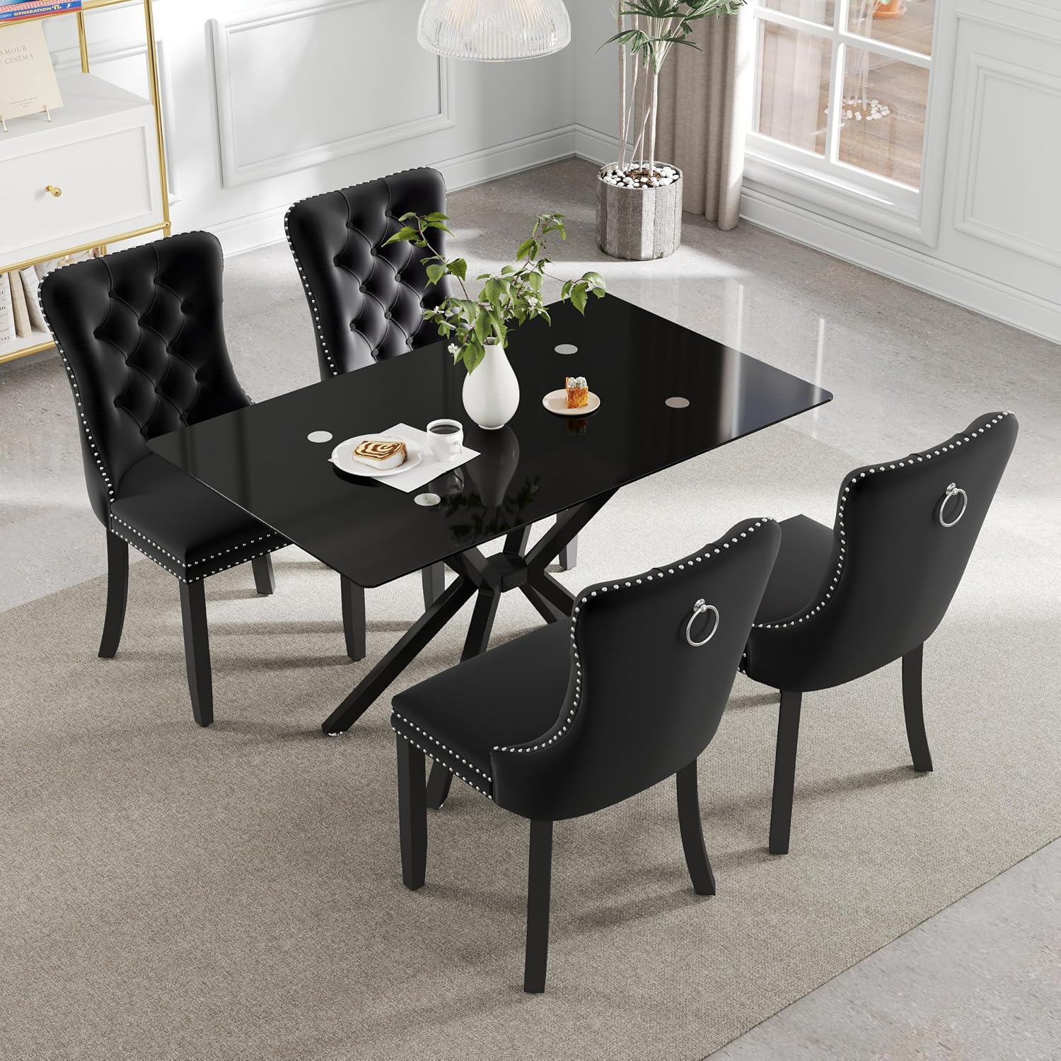5 Pieces Modern Luxury Glass Dining Set, Minimalist Rectangle Dinner Room Set for 4, 47'' Black Glass Top Kitchen Table Set with Black Tufted Chairs, for Small Apartment Home
