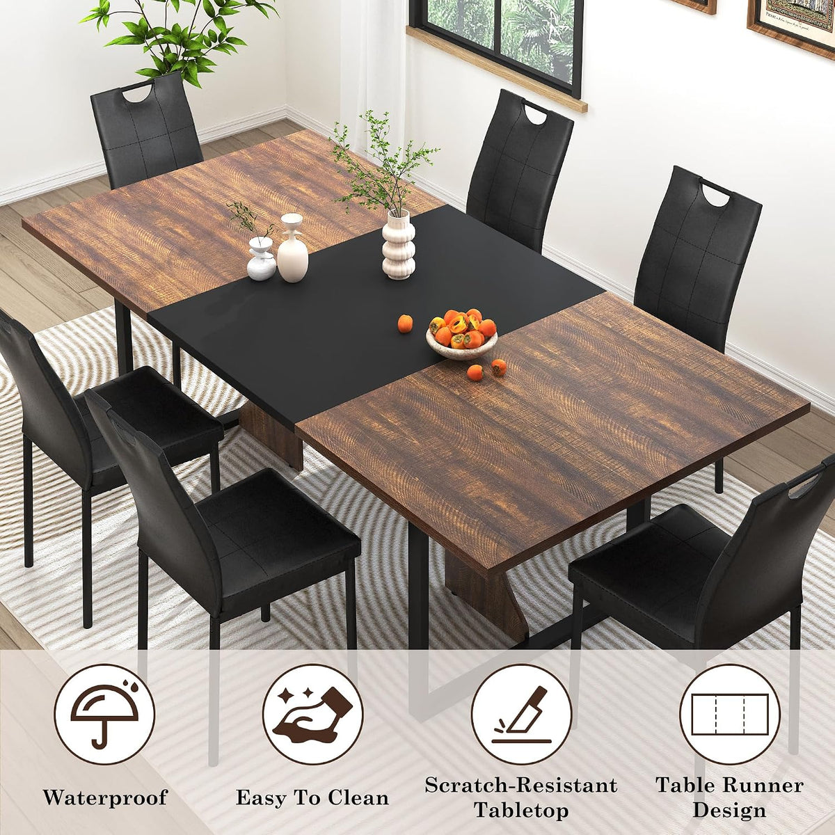 chartustriable 7PCS Dining Table Set with 6 Chairs for 4 5 6 People, 71" Large Wooden Kitchen Table Sets with 6 Upholstered Chairs,6-Person Kitchen Table & Chairs Set for Dining Room Kitchen(Brown)