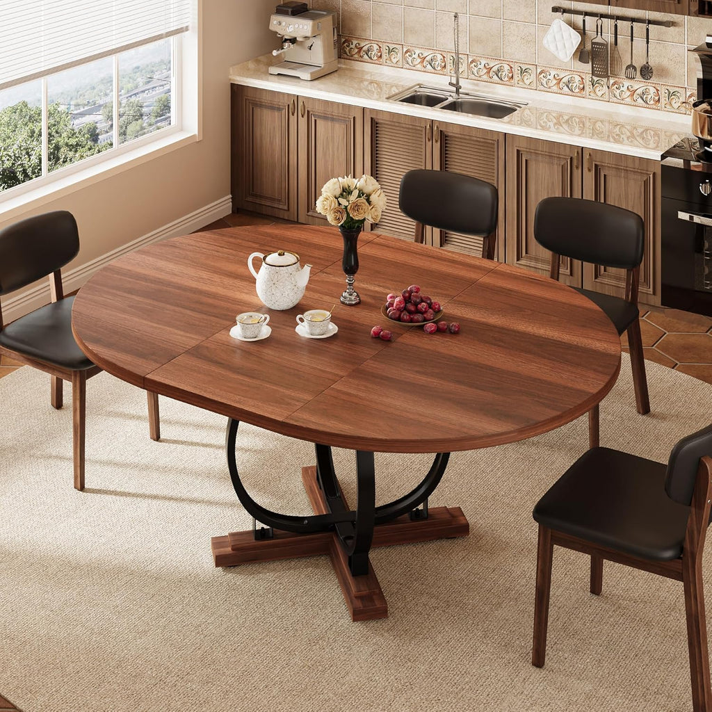 iPormis 59'' Extendable Round Dining Table for 4 to 6, Kitchen Table with Sturdy X-Base Metal Legs, MDF Board with Backboard Clasp, Space Saving, Easy Assembly, Kitchen, Dining Room, Walnut
