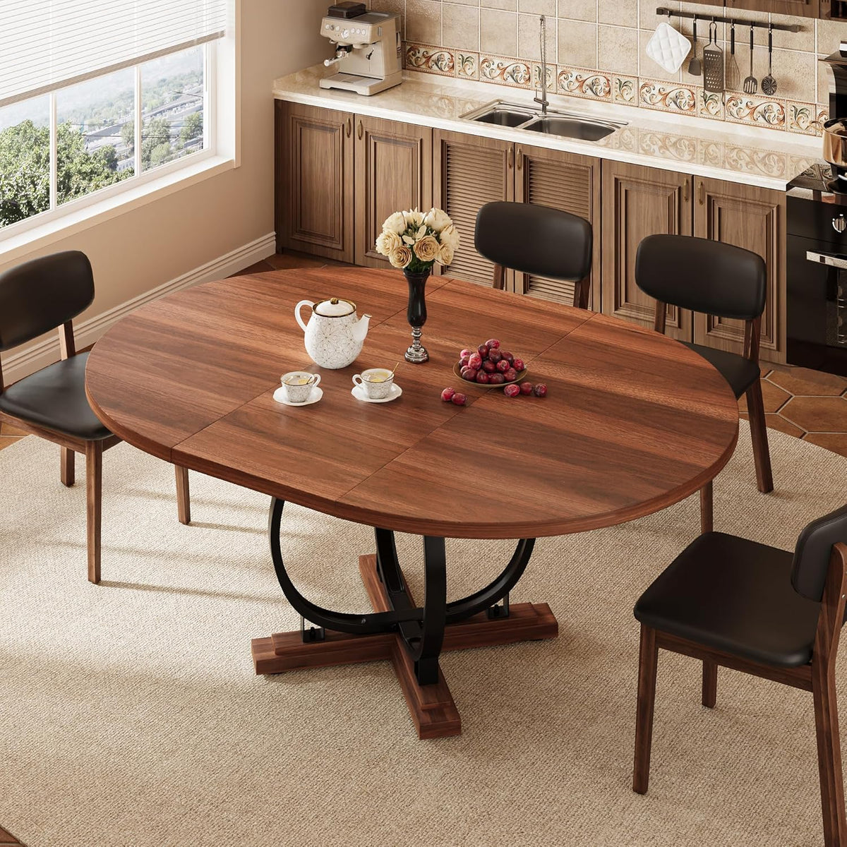 iPormis 59'' Extendable Round Dining Table for 4 to 6, Kitchen Table with Sturdy X-Base Metal Legs, MDF Board with Backboard Clasp, Space Saving, Easy Assembly, Kitchen, Dining Room, Walnut