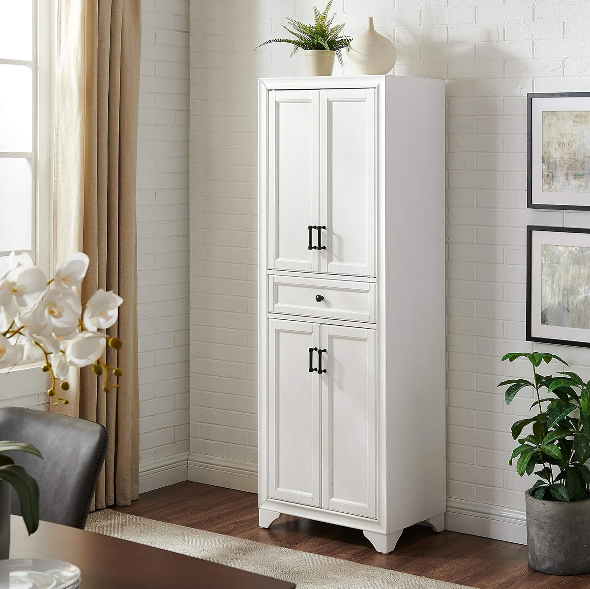 Crosley Furniture Tara Pantry Storage Cabinet with Shelves, Kitchen, Dining, or Laundry Room, Distressed White