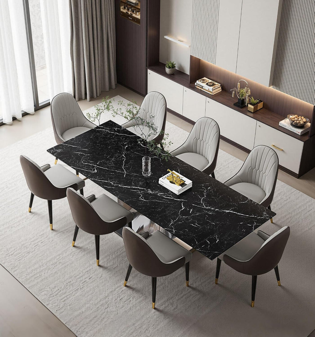 Modern Expandable Dining Table 62.99" to 94.48", 6-10" Marble Look Sintered Stone Rectangular Dining Table with Black Carbon Steel Crescent Legs, Save Dining Room Kitchen Space (Knight Black)