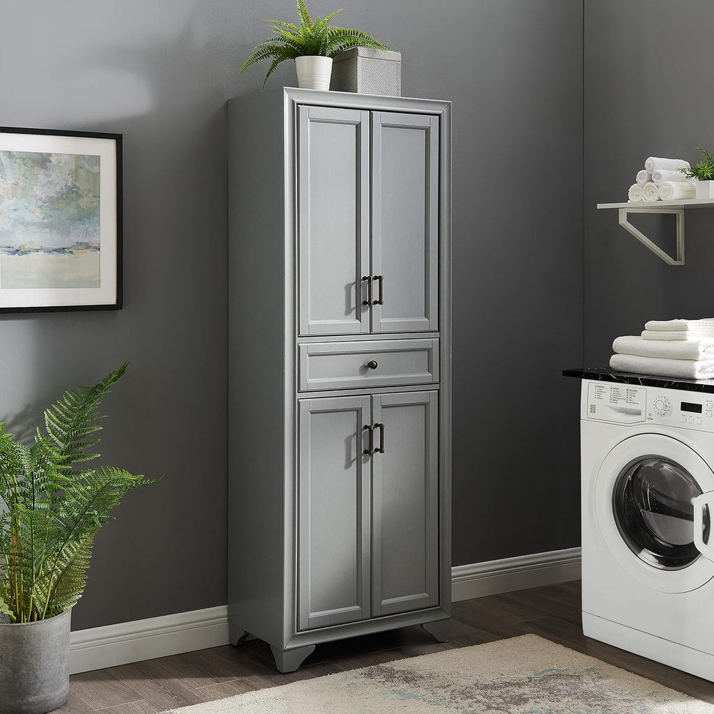 Crosley Furniture Tara Pantry Storage Cabinet with Shelves, Kitchen, Dining, or Laundry Room, Distressed Gray
