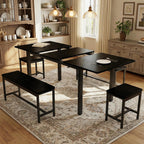 IDEALHOUSE 5-Piece Extendable Dining Table Set for 6-8 People, 63 Inch Kitchen Table with 2 Benches & 2 Stools, Space Saving Modern Dining Room Furniture, Black