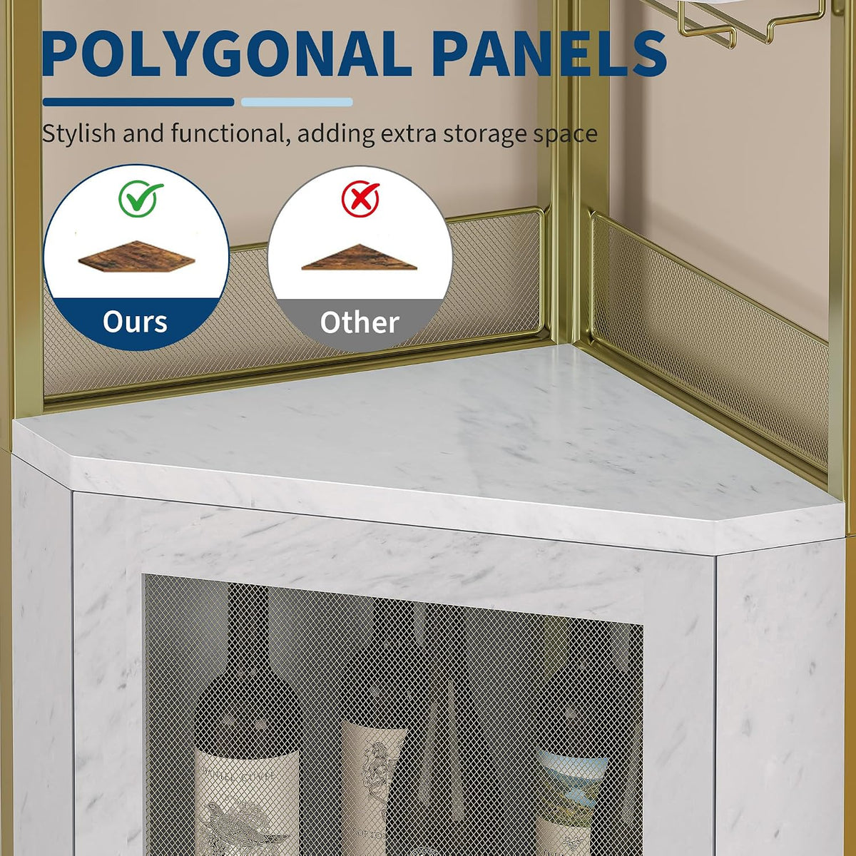 GarveeHome Corner Wine Cabinet with Detachable Wine Rack, 5-Tier Industrial Corner Bar Cabinet with Barn Door and Glass Holder, Farmhouse Buffet Cabinet and Home Bar, Gold