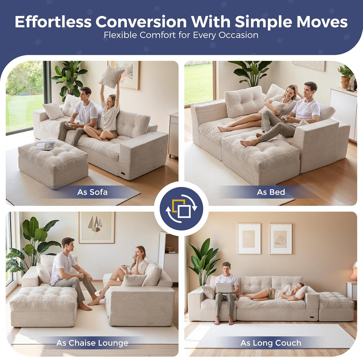 MAXYOYO Couch, 96-Inch L-Shaped Cloud Couch with Ottoman | Beige Layered Cushioning and Flexible Modules Create an Upholstered Sofa in a Box with No Assembly for Spacious Living Rooms.