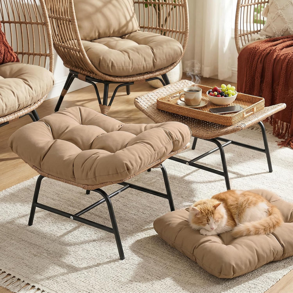 NICESOUL Indoor Outdoor Ottoman Set of 2, Large Wide Double Patio Footstool, PE Rattan Thicken Cushioned Footrest, All-Weather Wicker Furniture for Balcony, Porch, Living Room, Egg Chair, Brown