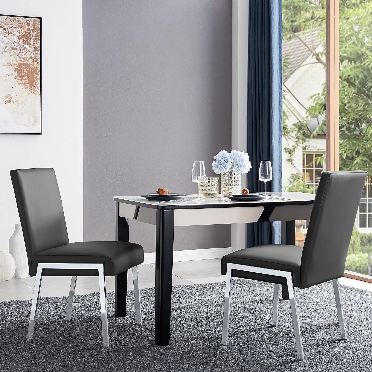 Modern Dining Chair Set of 2, Comfortable Dining Chair with Thick Cushions | Upholstered Leather Kitchen Side Chair with Metal Feet for Home, Kitchen, Living Room, Dining Room and Cafeteria, Black