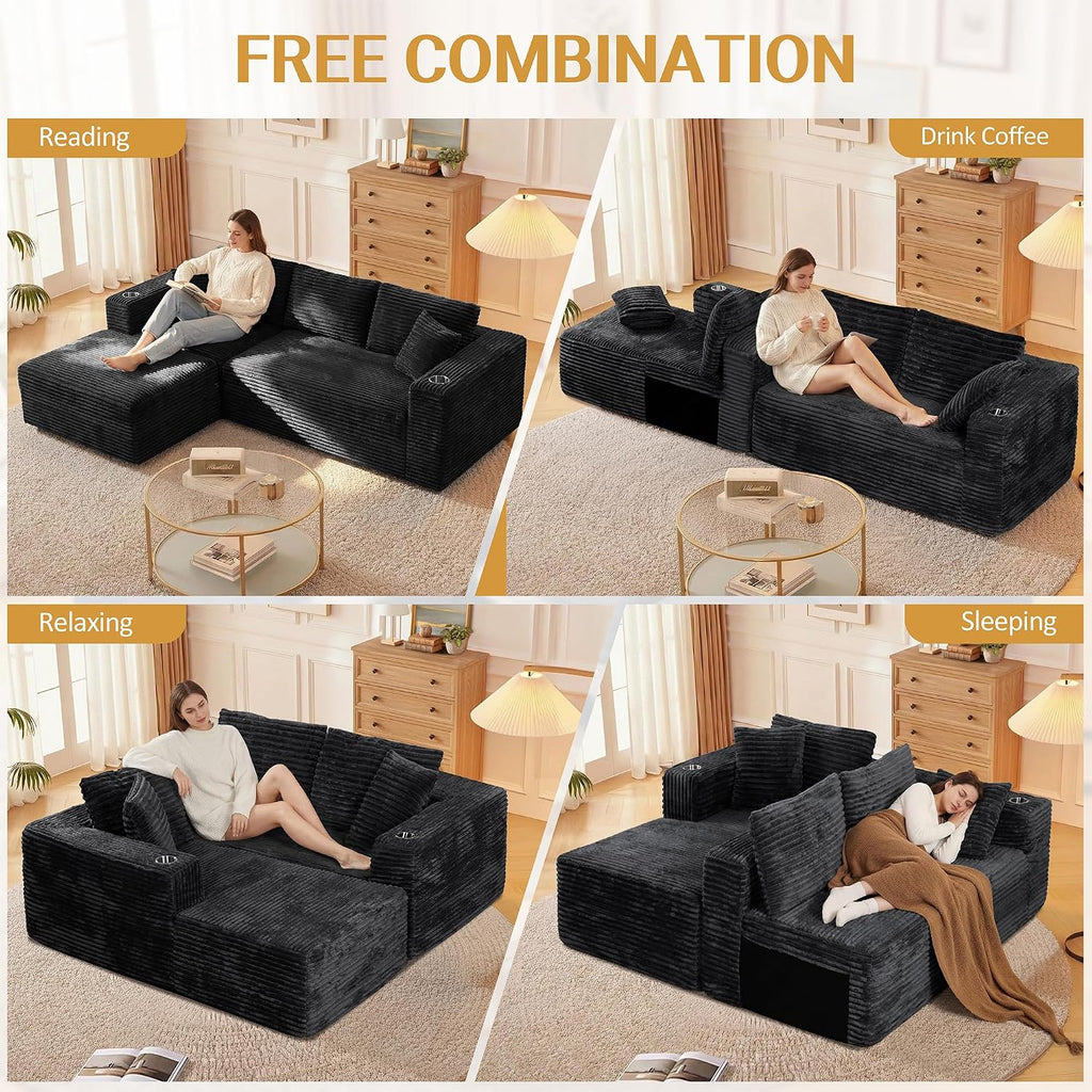JAMFLY 103" Modular Sectional Sofa for Small Spaces, No Assembly, Black | Pet-Friendly Corduroy, High Back Support, Compact for Apartments, Ready to Use, Deep Seat & Memory Foam