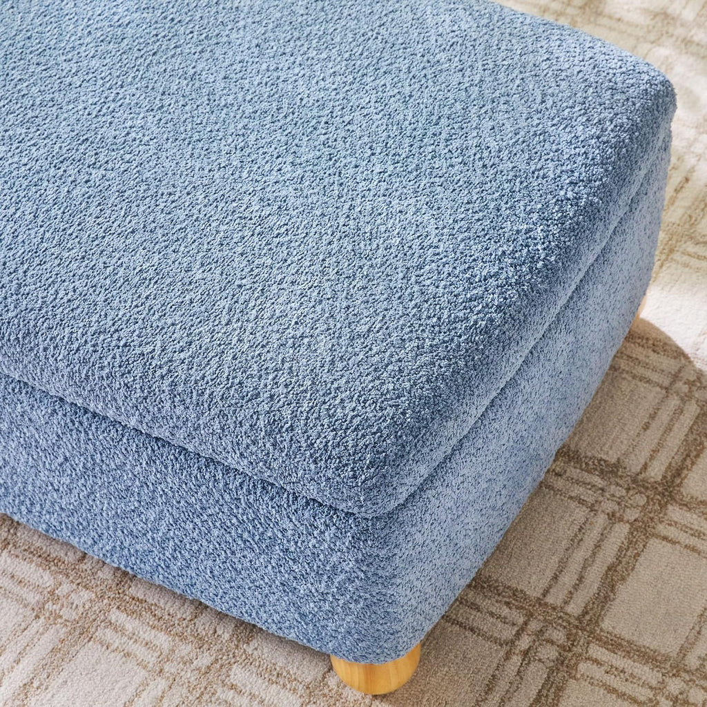 Walker Edison Linley Contemporary Large Storage Bouclé Ottoman with Wood Legs, Soft Blue