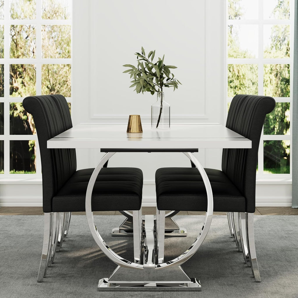 BQueen 78 inch White and Silver Dining Table for 4-8, Luxury Modern White Large Kitchen Table with Chrome Stainless Steel U-Base for Dining Room Kitchen Apartment