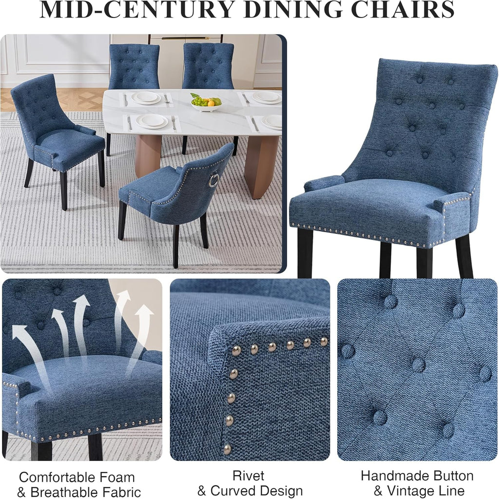 adochr Dining Chairs Set of 6, Upholstered Fabric Dining Room Chairs with Nailhead High Back & Ring Pull & Wooden Legs, Mid-Century Modern Kitchen Chairs for Restaurant, Living Room, Navy Blue