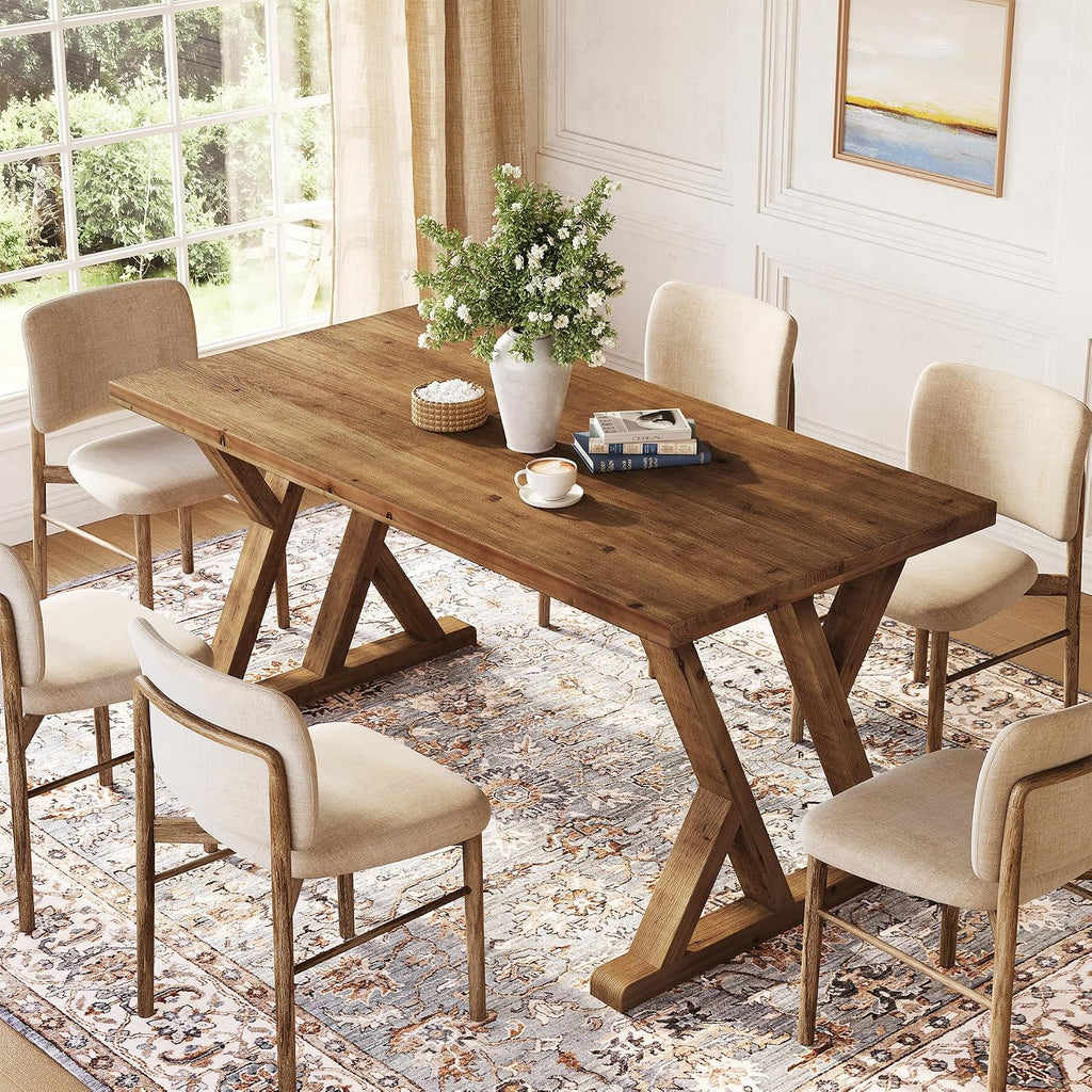 Solid Wood Dining Table for 4-6 People, 63 Inches Wooden Farmhouse Rectangular Kitchen Dinner Table with Heavy-Duty Legs for Home, Living Room, Dining Room, Rustic Brown