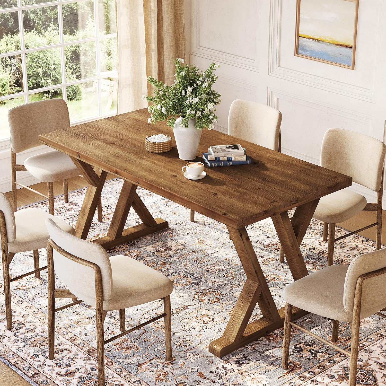 Solid Wood Dining Table for 4-6 People, 63 Inches Wooden Farmhouse Rectangular Kitchen Dinner Table with Heavy-Duty Legs for Home, Living Room, Dining Room, Rustic Brown