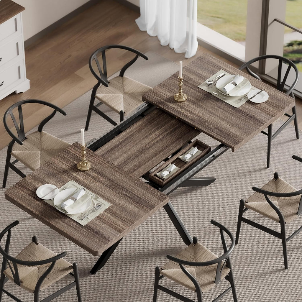 Extendable Dining Room Table for 4 6 8, 55"-70.9" Kitchen Table Rectangle Wood, Expandable Dining Table with Hidden Storage, Space Saving Farmhouse Kitchen Table for Kitchen Dining Living Room