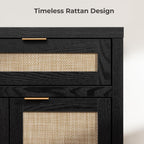 SICOTAS Rattan Sideboard Buffet Cabinet with Storage, Boho Credenza Accent Cabinet with 3 Doors and 2 Drawers, Farmhouse Console Coffee Bar for Kitchen, Living Room, and Entryway, Black Oak