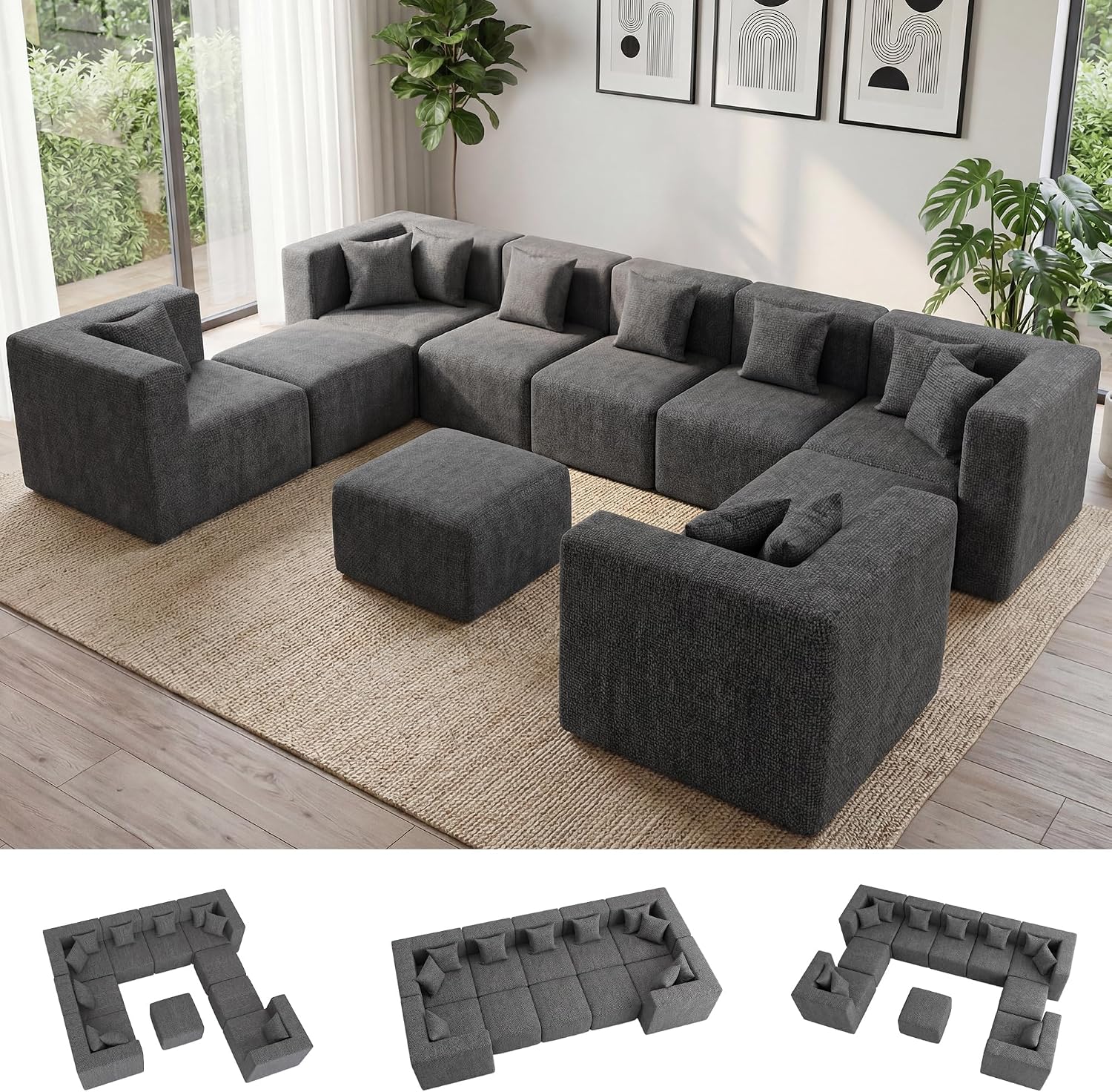MONVANE Oversized Sectional Couch 10-Seat, Chenille, Gray | Sectional Couch for Living Room, Modular Cloud Sofa with Ottoman & 10 Throw Pillows, No Assembly Required