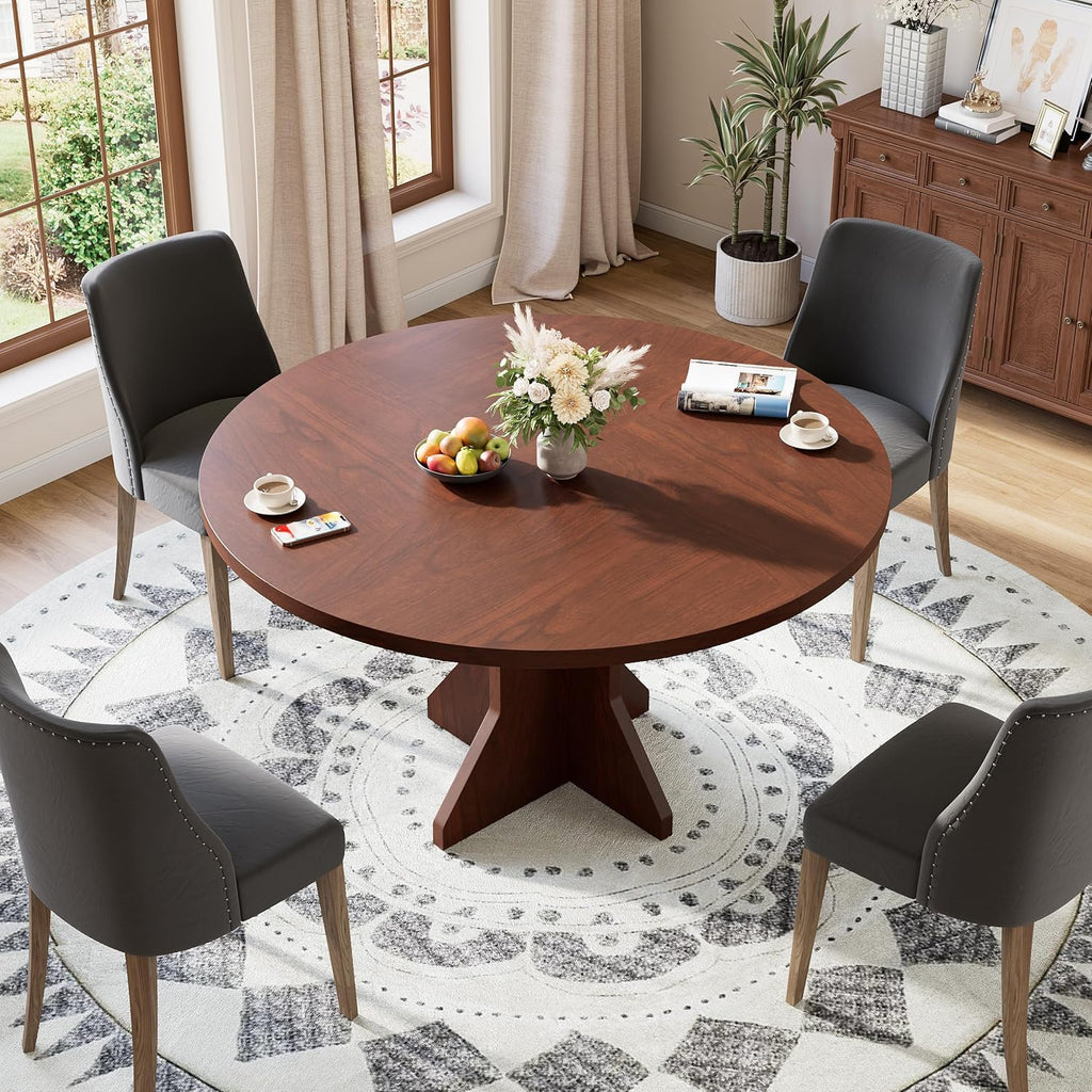 IDEALHOUSE Round Dining Table, 47" Kitchen Table for 4-6 People, Circle Tables with Sturdy Pedestal Base, Space Saving Dinning Room Furniture for Living Room, Kitchen, Apartment, Walnut