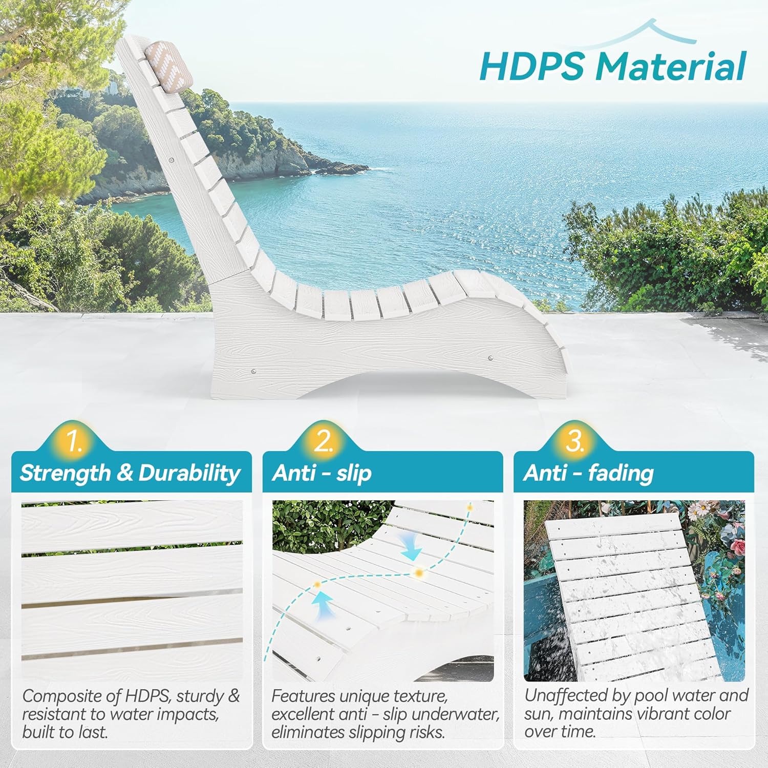 HDPS Pool Lounge Chairs Set of 2, Use in Pools Lounge Chairs up to 10-Inches of Water, Chaise Chairs with Headrest, Lounge Chair Outdoor, Fade-Resistant Pool Lounger for Deck