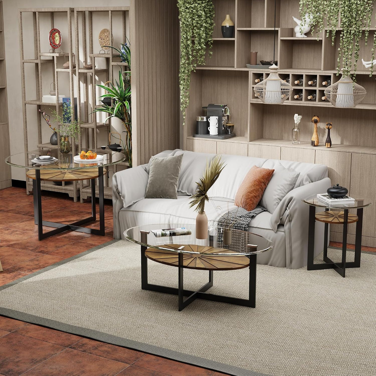 Set of 3 Living Room Tables Set -One Coffee Table and Two End Tables with Tempered Glass, 47.8" Center Table and 23.8" Beside Table with Wood Storage Shelf and Metal Leg, Brown Shelf & Black Leg B2616