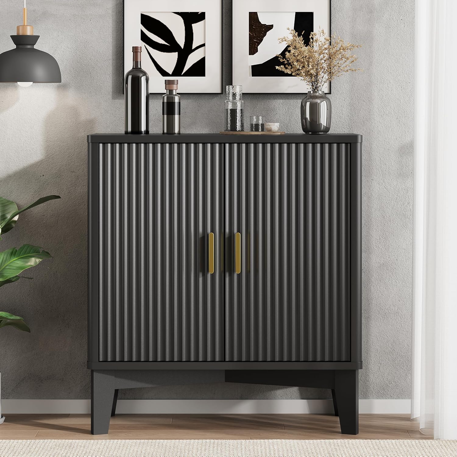 Xixini Fluted Buffet Sideboard Cabinet with Storage, 30" Mid Century Modern Coffee Wine Bar with Adjustable Shelves, Wood Small Buffet Table with 2 Doors for Kitchen, Dining Room, Living Room, Black