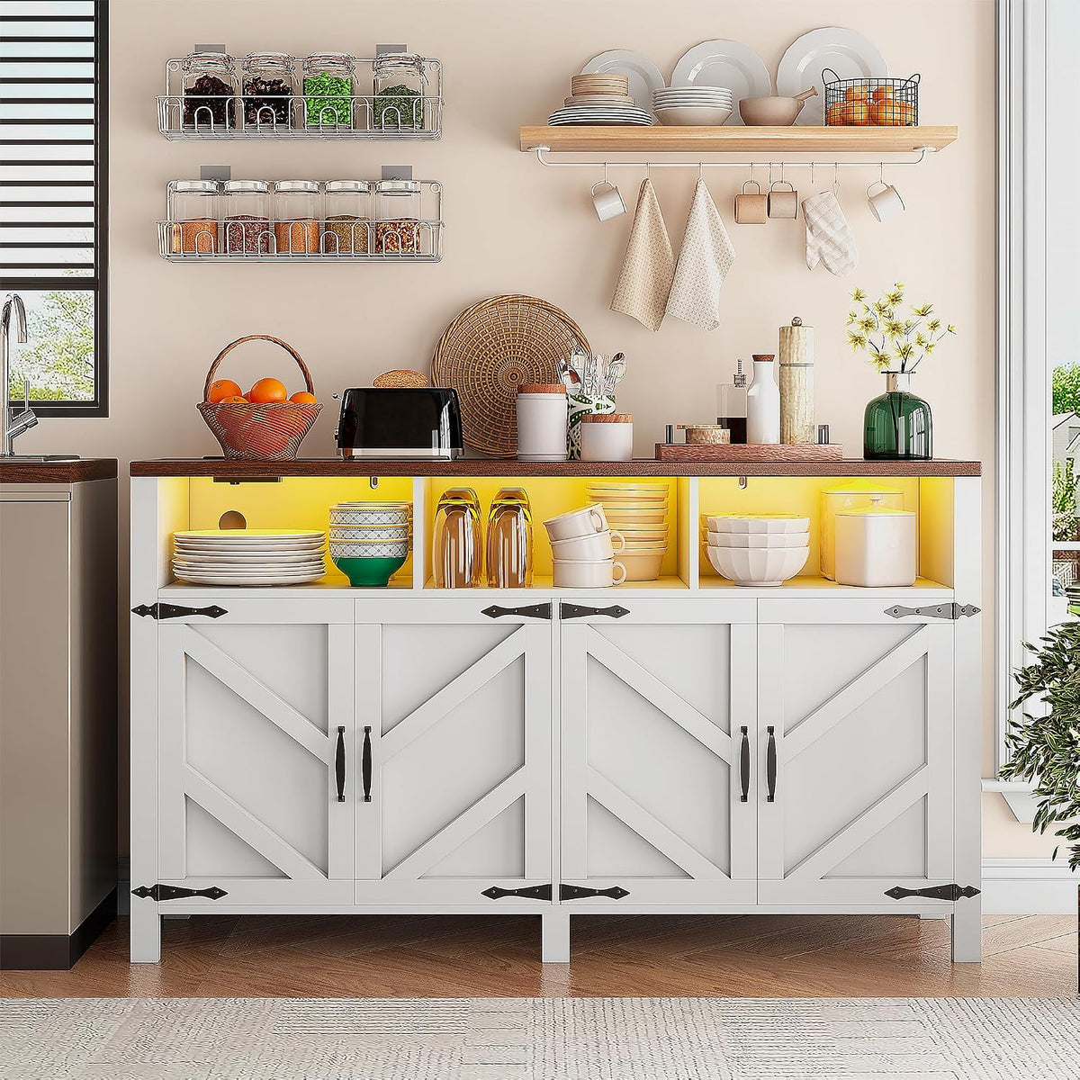 knoworld Buffet Sideboard with Storage with Power Outlets & LED Light 4 Doors, 55'' Large Farmhouse Kitchen Storage Cabinet Wood Coffee Bar Cabinet Buffet Table for Kitchen, Dining Room,55"W White LED