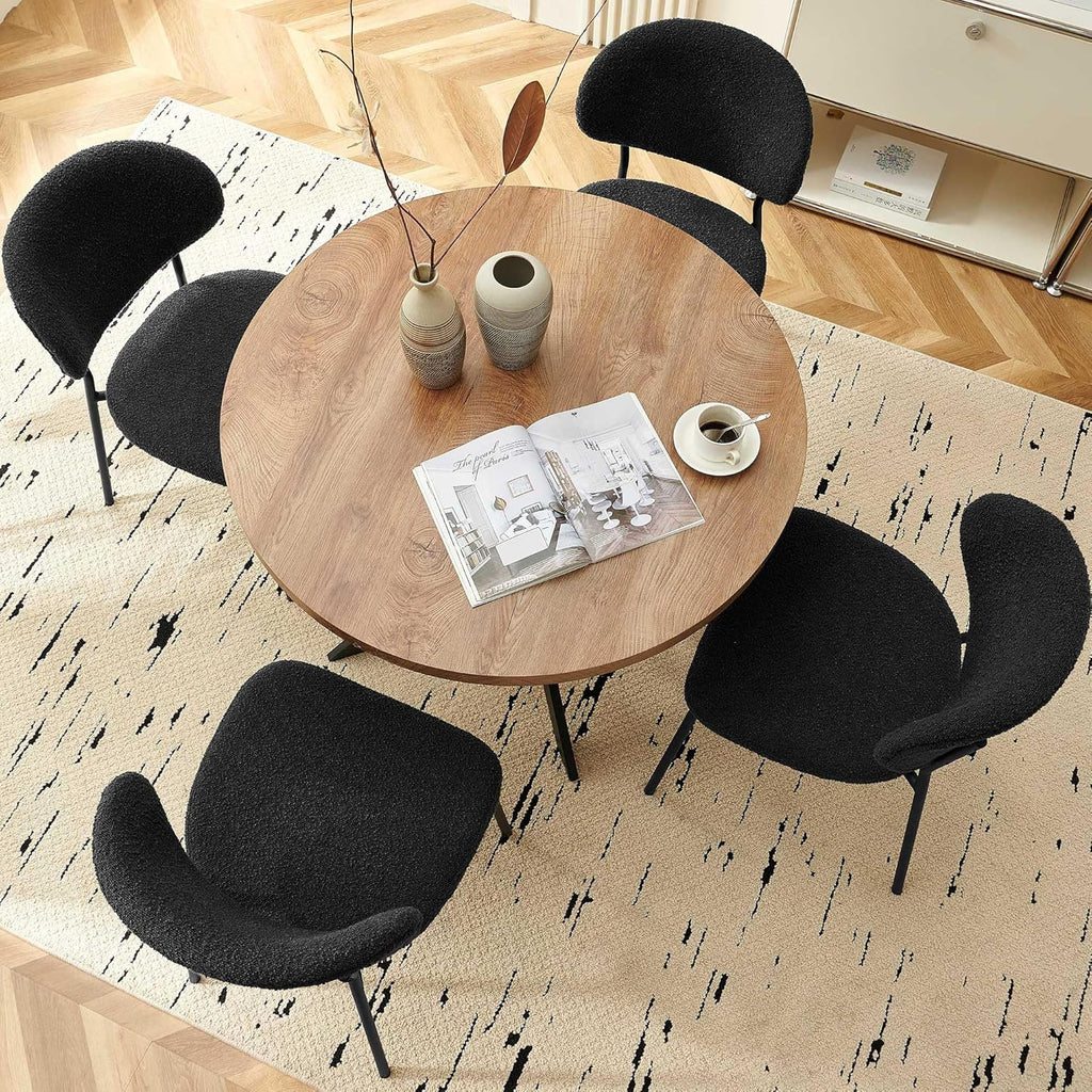 Homedot Kitchen Dining Table Set for 4, Modern Compact Round Dining Breakfast Dinner Table Chairs Set for Apartment Dining Room, Rustic Brown Table with Black Boucle Dining Side Chairs Set