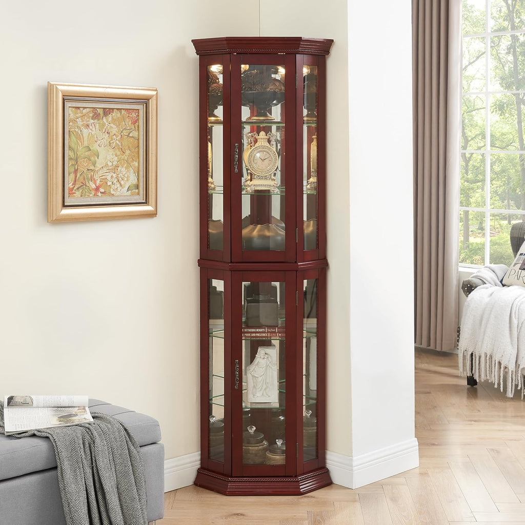 Lighted Corner Curio Cabinet, 69.75" Tall Corner Display Cabinet with Adjustable Tempered Glass Shelves, Mirrored Back, Lockable Door, Cherry Finish for Collectibles & China