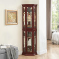 Lighted Corner Curio Cabinet, 69.75" Tall Corner Display Cabinet with Adjustable Tempered Glass Shelves, Mirrored Back, Lockable Door, Cherry Finish for Collectibles & China