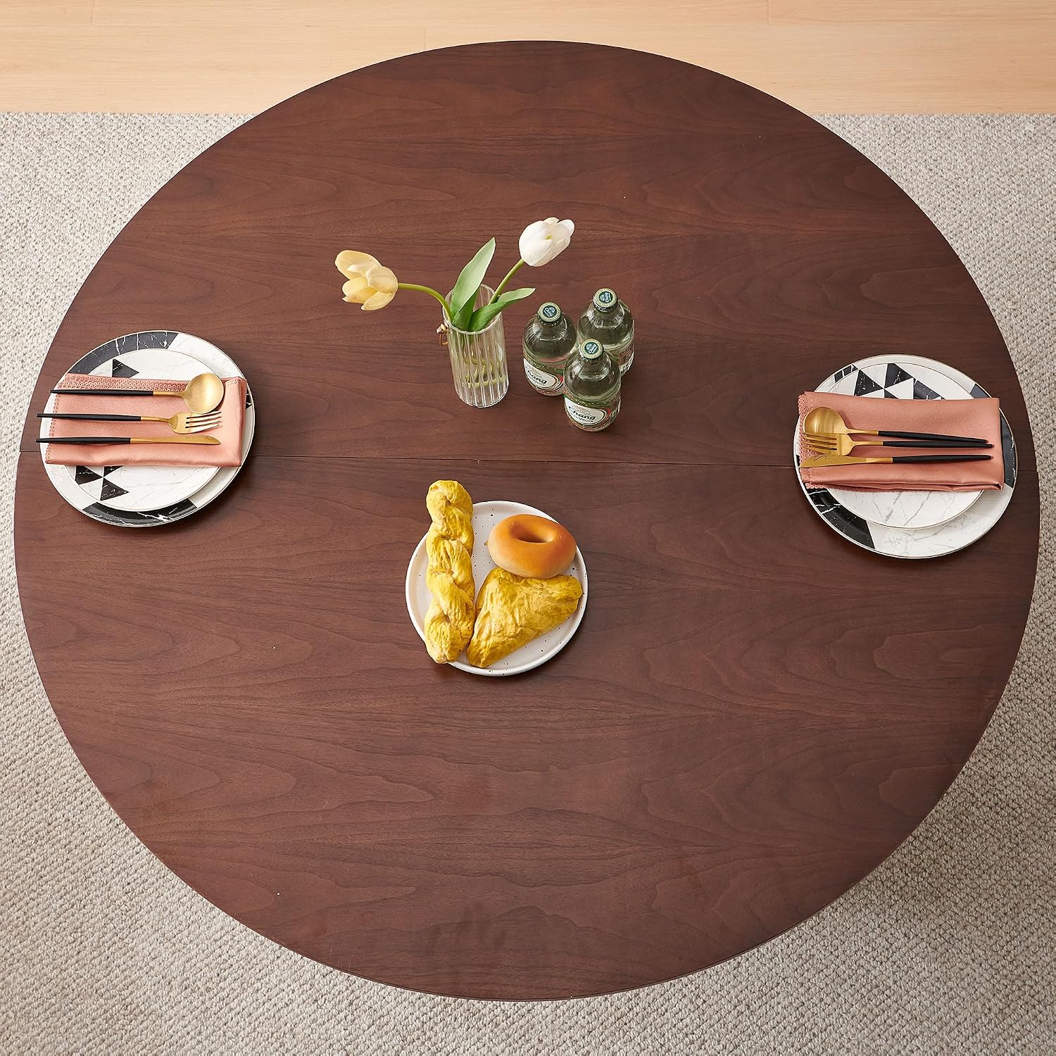 Homedot 47" Round Kitchen Dining Table Walnut for 4 with Veneer Tabletop | Farmhouse Dinner Table Fluted| Two-Part Tabletop| Rustic Circle Dining Table with Wooden Strip Base for Dining Living Room