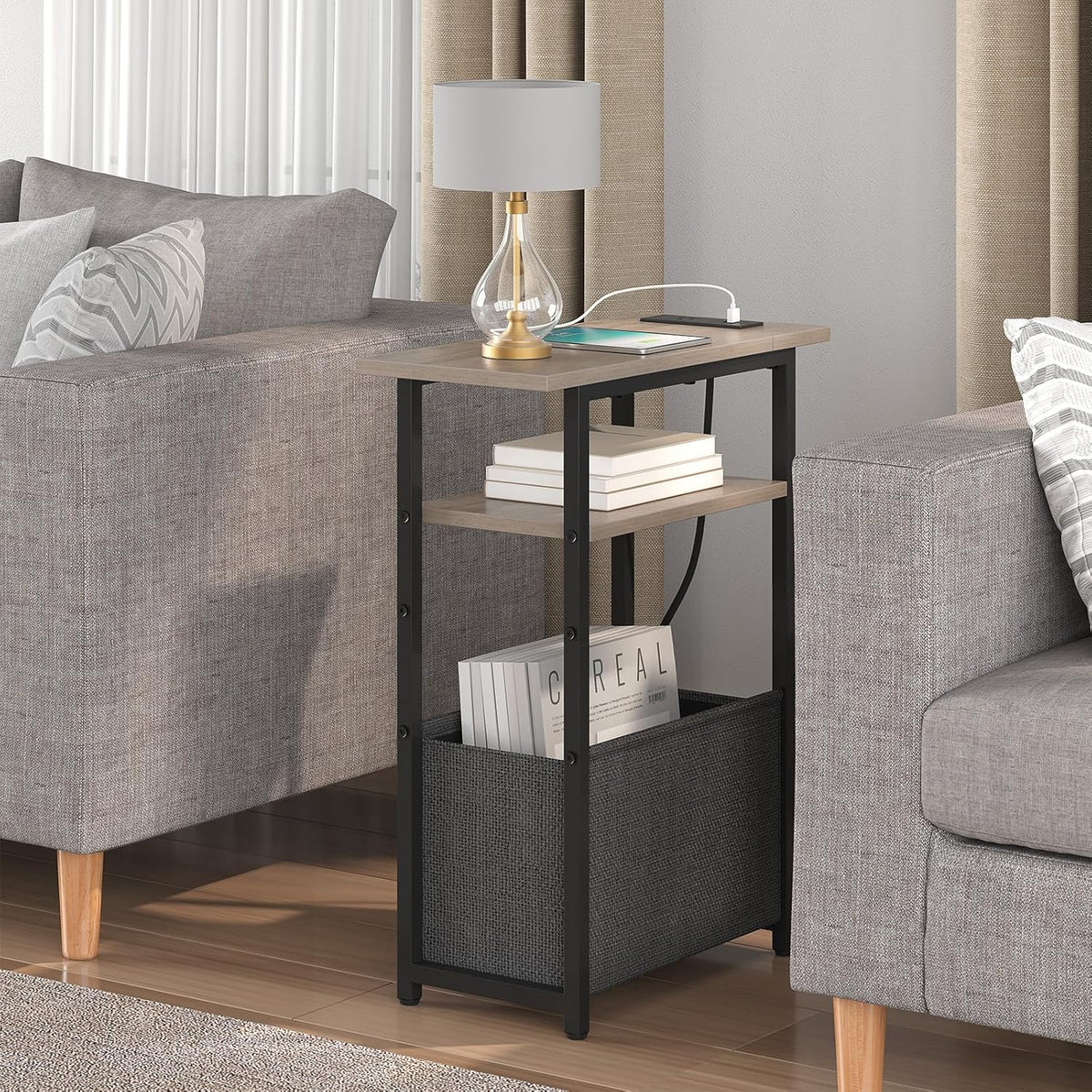 sthmec Narrow Side Table with Charging Station Set of 2, Small End Table for Small Spaces, Skinny Nightstands Set 2 with Storage Basket, 3 Tier Sofa Bedside Tables for Living Room,Bedroom, Grey