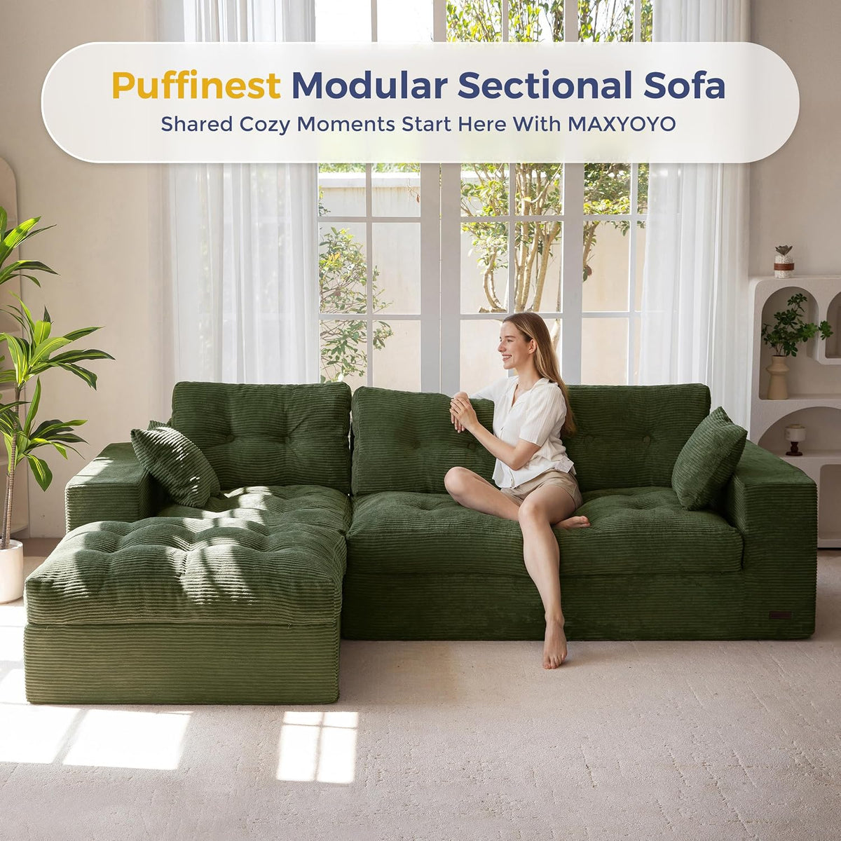 MAXYOYO Couch, 104-Inch L-Shaped Cloud Couch with Ottoman | Dark Green Upholstered Sofa Features Layered Cushions and Flexible Modules with No Assembly, Ideal for Modern Living Rooms.