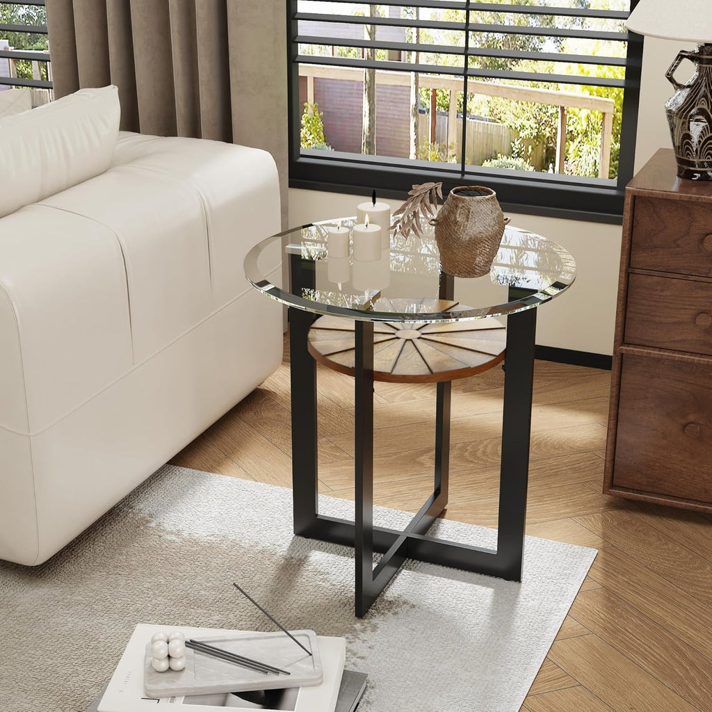LEEMTORIG Round Glass End Table for Living Room, 23.8" Dia. x 24.4" H Modern Circle End Table with 8mm Thickened Tempered Glass, 2-Tier Side Table with Unique Wood Shelf, Black Metal Frame, CJZ-B2616