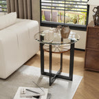 LEEMTORIG Round Glass End Table for Living Room, 23.8" Dia. x 24.4" H Modern Circle End Table with 8mm Thickened Tempered Glass, 2-Tier Side Table with Unique Wood Shelf, Black Metal Frame, CJZ-B2616