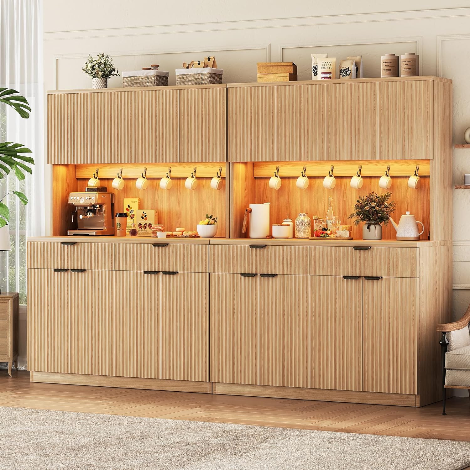 Jocoevol Fluted Kitchen Pantry Storage Cabinet with Charging Station/LED Light/Doors/Shelves, 71'' Tall Kitchen Food Hutch with Microwave Stand for Dining Room Living Room (Natural, 47 * 15.7 * 71)