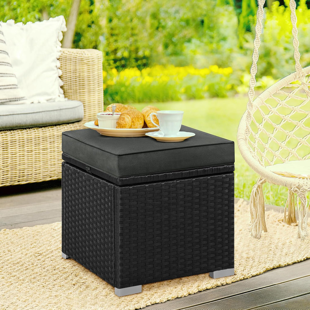 Yaheetech Wicker Ottomans, Set of 2 PE Rattan Side Tables, Black/Gray | Outdoor/Indoor Footstools with Hidden Storage & Removable Cushion, Additional Seating for Patio/Garden/Balcony/Yard