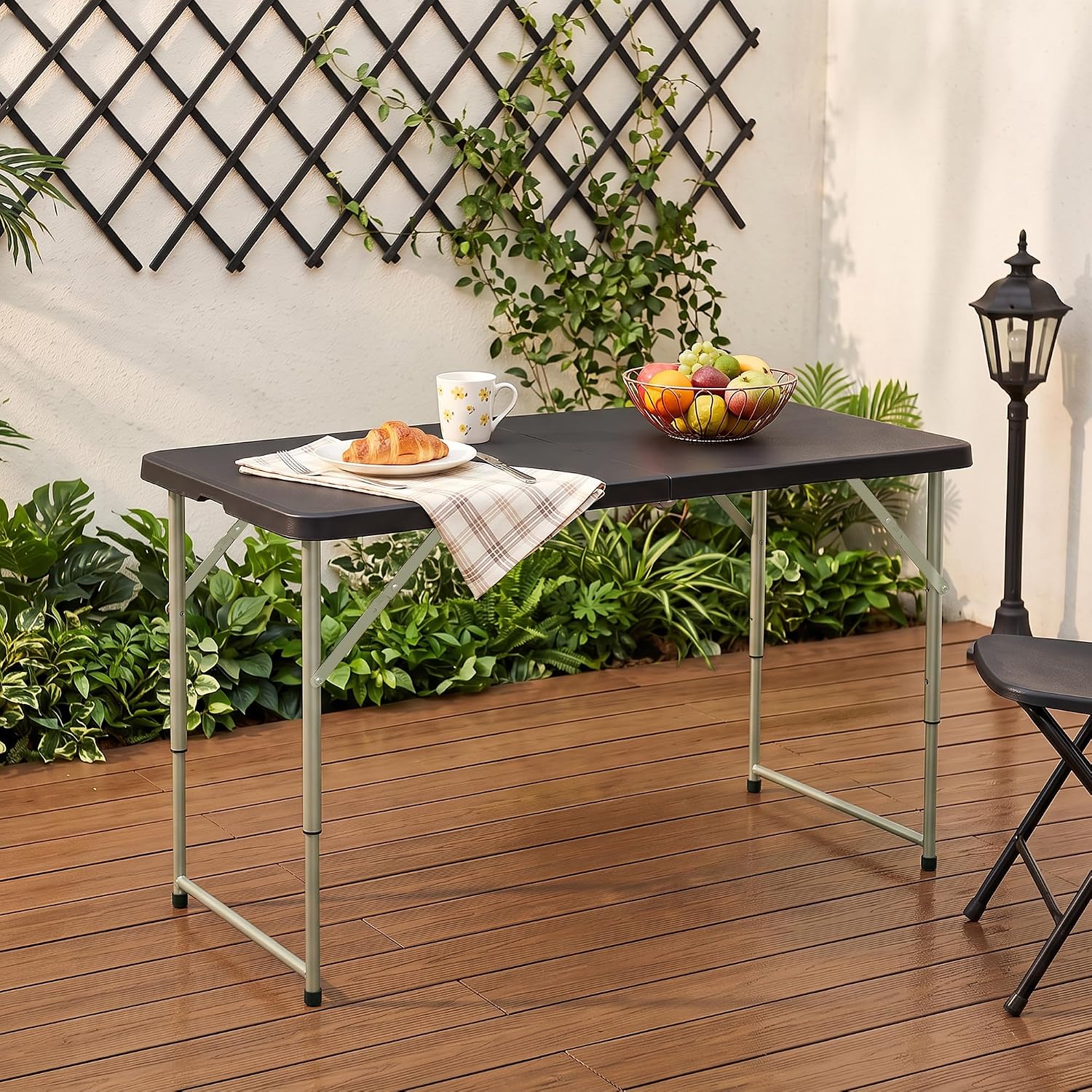 VECELO Folding Table 4 Ft, 3 Adjustable Height, Portable w/Handle, Black | Fold-in-Half, Heavy Duty, Space Saving, Plastic Utility Table, for Camping, Party, Dining, Indoor & Outdoor Use