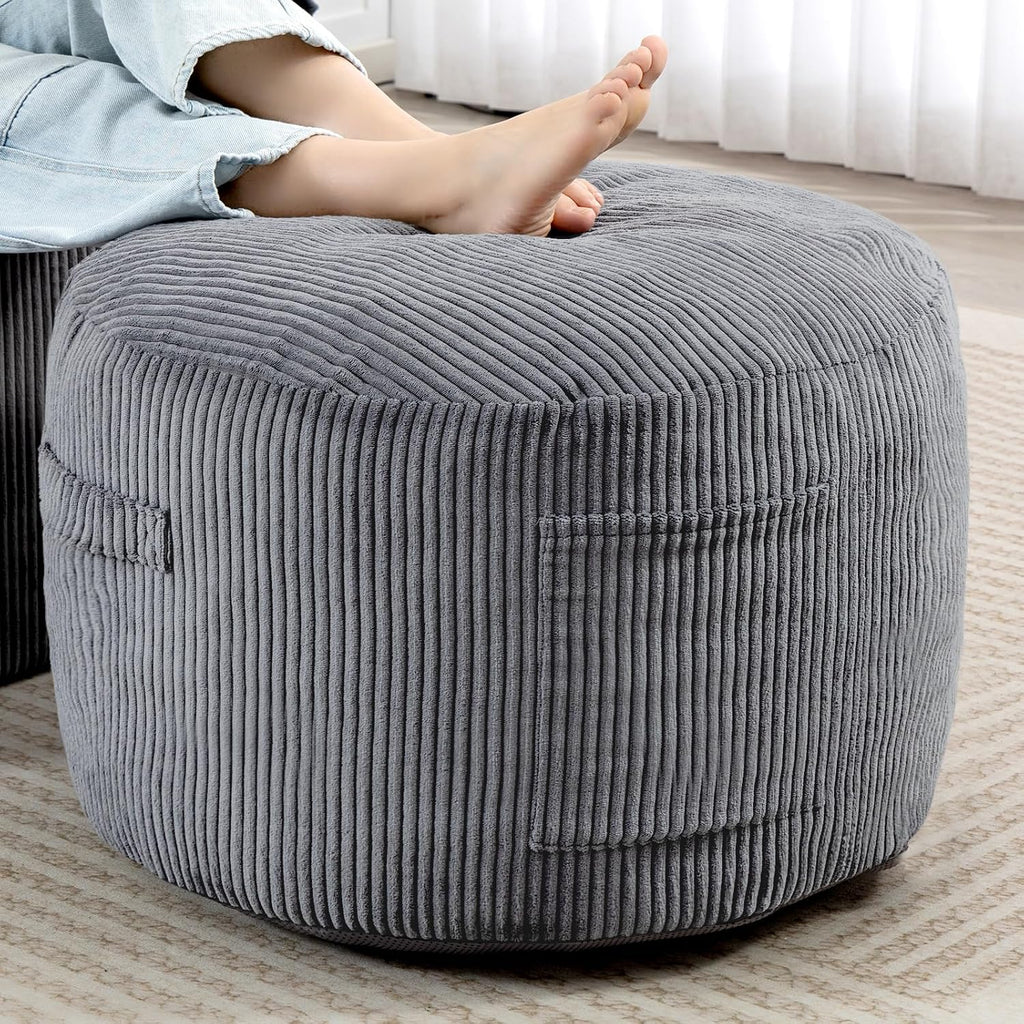 Round Stuffed Pouf Ottoman (Gray, 26" D x 26" W x 18" H) | Corduroy Foot Rest with Rebound Foam Filling, Furry and Fluffy Foot Stool Ottoman, Floor Poufs for Living Room