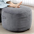 Round Stuffed Pouf Ottoman (Gray, 26" D x 26" W x 18" H) | Corduroy Foot Rest with Rebound Foam Filling, Furry and Fluffy Foot Stool Ottoman, Floor Poufs for Living Room