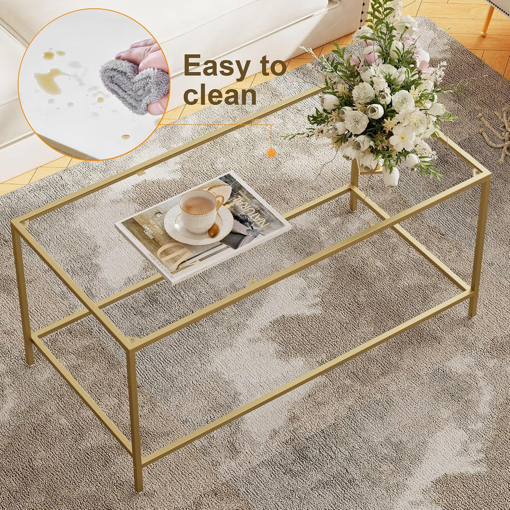 3-Piece Living Room Table Set, Glass Coffee Table with 2 Side Tables, Modern Rectangular Center Table & Square End Tables with Storage Shelves, Golden Metal Frame, Easy Assembly