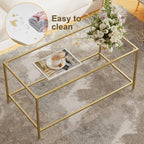 3-Piece Living Room Table Set, Glass Coffee Table with 2 Side Tables, Modern Rectangular Center Table & Square End Tables with Storage Shelves, Golden Metal Frame, Easy Assembly