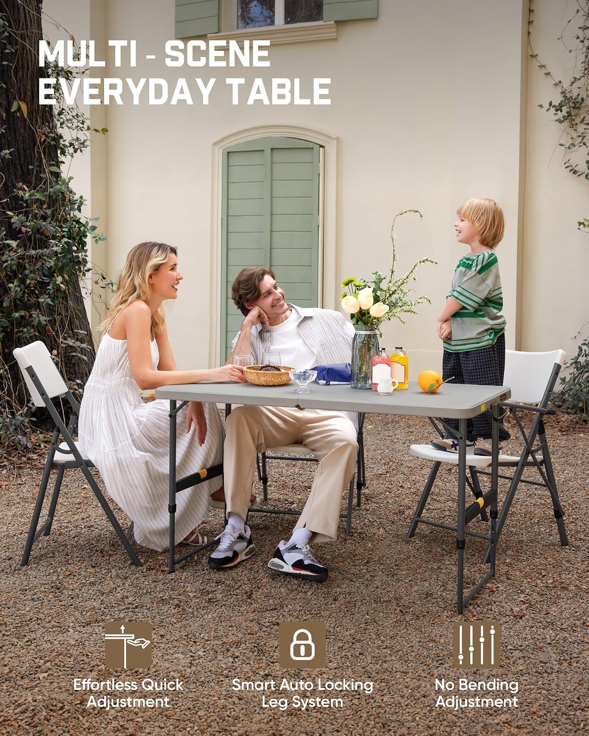 FanttikOutdoor Folding Table 4 Foot Quick Adjust Portable Plastic 4 Heights | Effortless Adjustable Height Small Card Table, Fixing Lock Indoor Outdoor Use for Party Camping, 1 Pack Grey Zeta X4 Pro